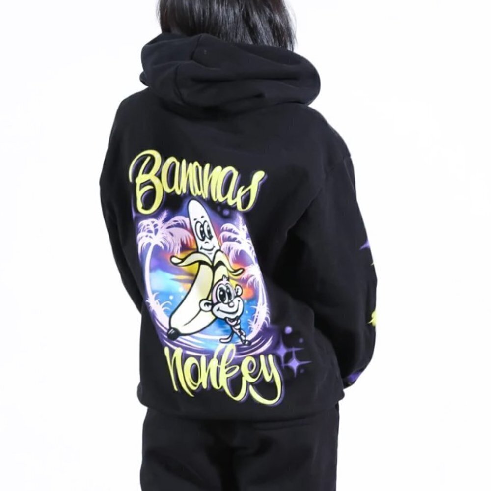 Bananas Monkey Pullover Hoodie Unisex Small Black Airbrush‎ Graphic Streetwear
